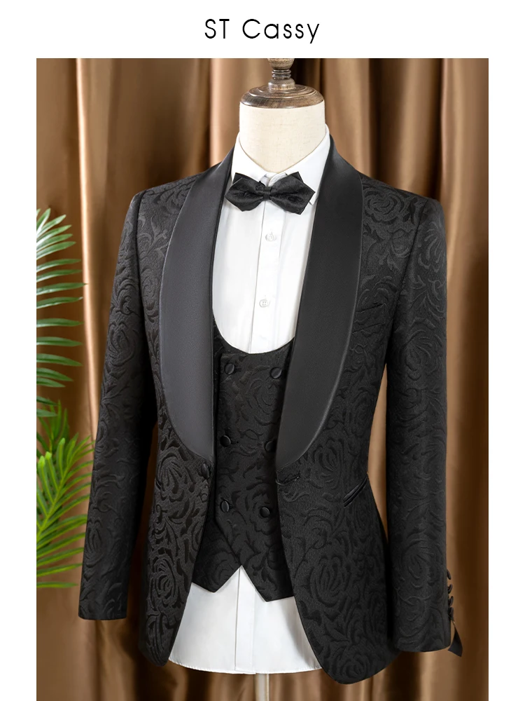 

3 piece set （Jacket+vest+pants）groom's wedding suit set men's white slim fit formal attire Tasdo green fruit collar evening gown