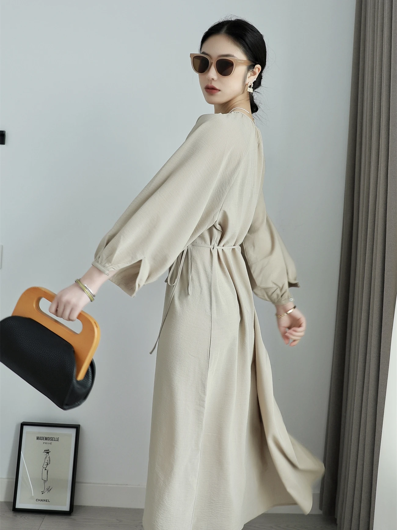 

3HLADY Весенне-осенняя женская модная свободная блузка-рубашка с фонариковыми рукавами, на пуговицах, с поясом, из полиэстера