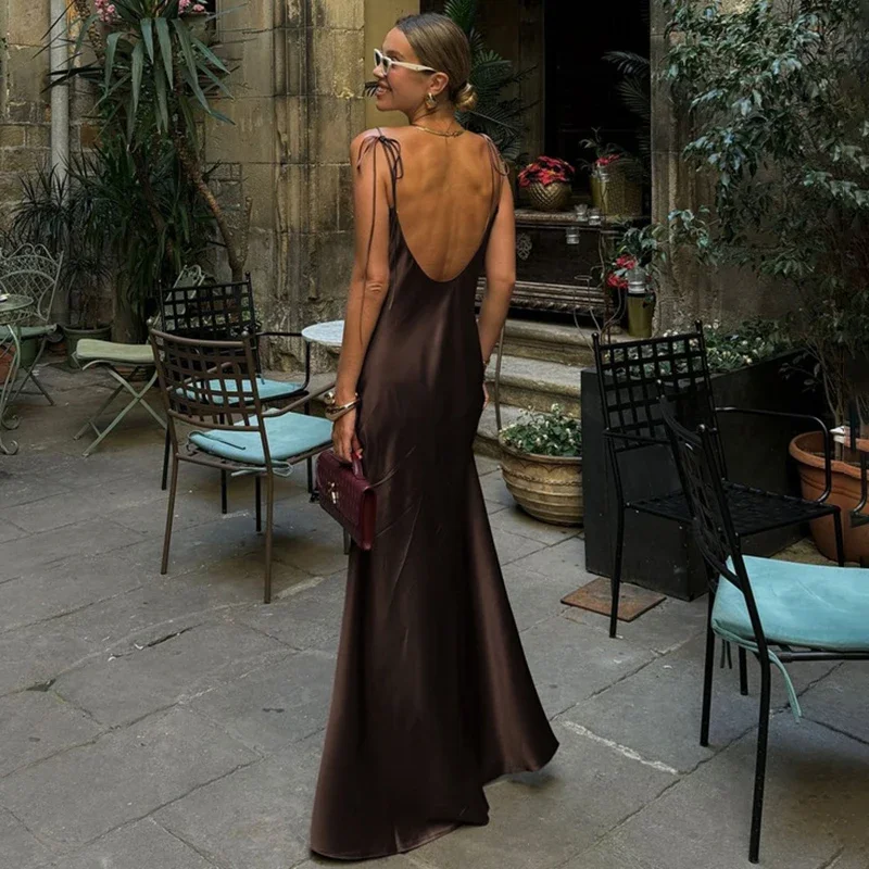 Tornova Elegant Satin Spaghetti Strap Dress For Women Sexy Backless High Waist Maxi Dress Lace Up Slim Evening Party Clothes