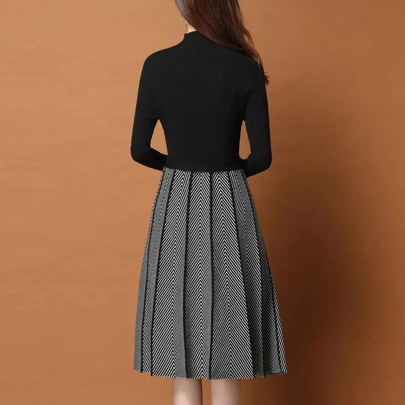 Korean Knitwears Sweater A-line Dress Eleagnt Spring Womens Dresses Knitted Half Turtleneck Sueter Vestidos Pullovers Kleid New