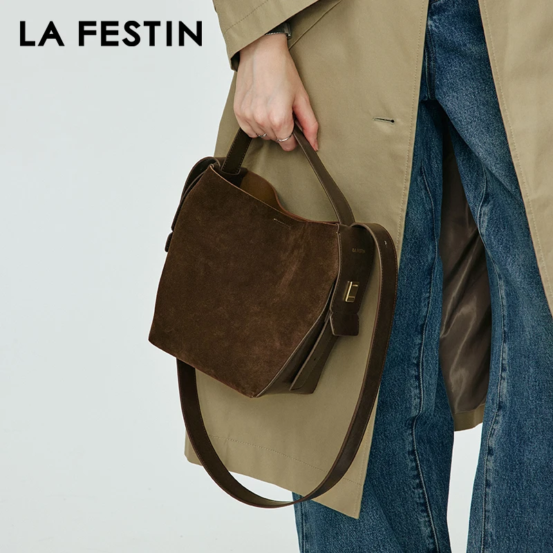 LA FESTIN Original Women's Bag 2024 New Bucket Bag Suede Bag Casual Handbags Luxury Shoulder Crossbody Bag Winter Bag