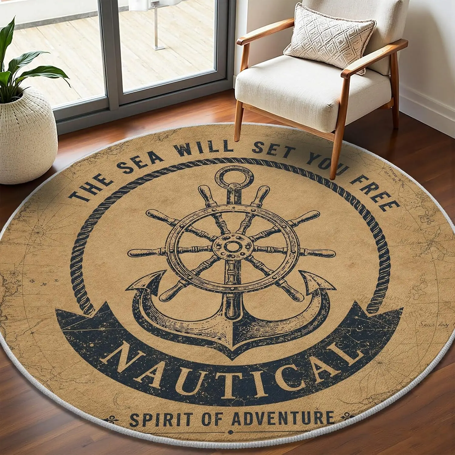 Large Round Nautical Rug Coastal Sea Decor Anchor Ship Wheel Carpet Mat for Beach House Bathroom Kitchen Bedroom Living Room Acc