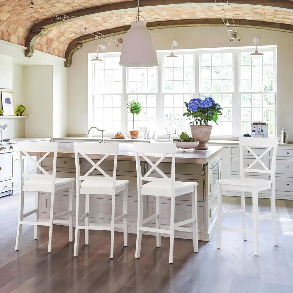 

Набор из 4 высоких деревянных барных стульев с высокой спинкой и подставкой для ног, белые, с X-образной спинкой, для кухонного острова или домашнего бара