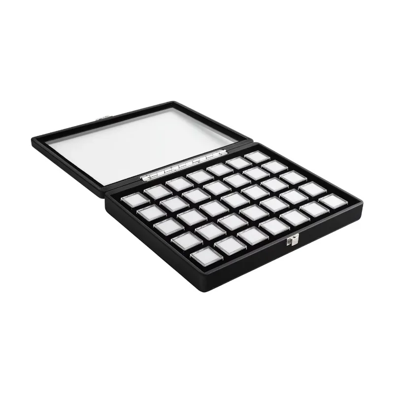 Deluxe gem display box with lock 35 slots, observation window, black PU leather jewelry box