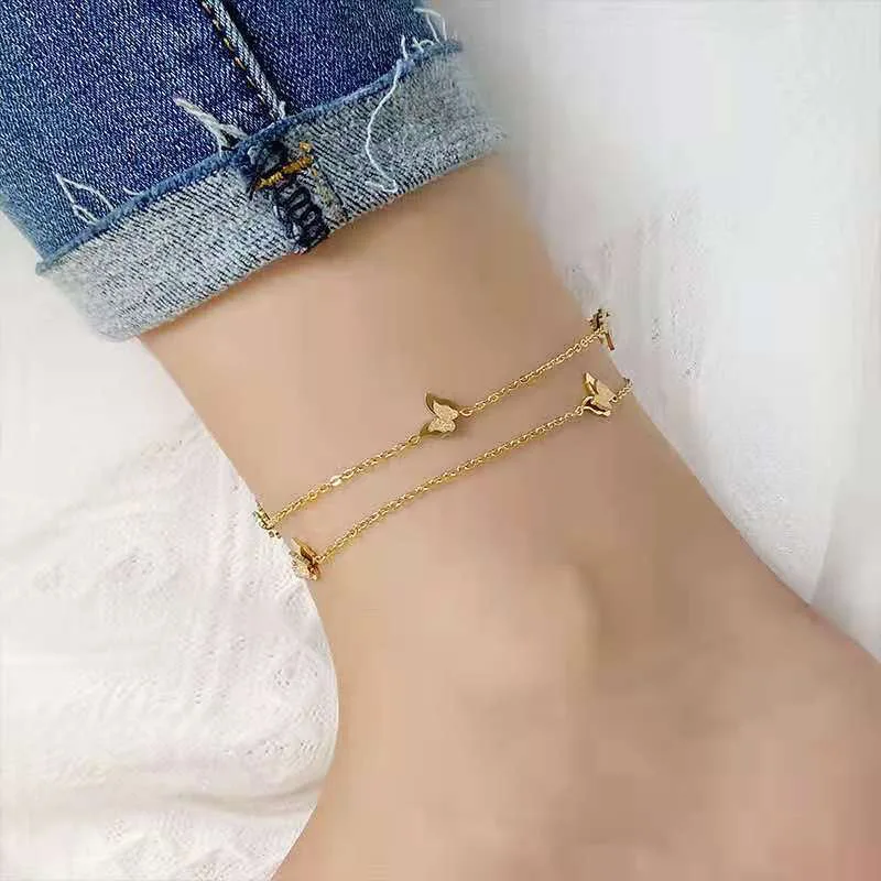 316L Stainless Steel New Fashion High-end Jewelry Lifelike 2 Layer Matte 5 Butterfly Gold Color Charm Chain Anklet For Women