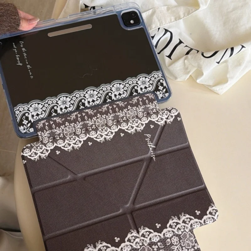 Lace & Letters Print Buckle Pen Slot Tablet Case For Mini7 6 iPad11 10 6 5 Pro2024 2022 2021 2020 2018 Air2025 2024 5 4 3  Cover