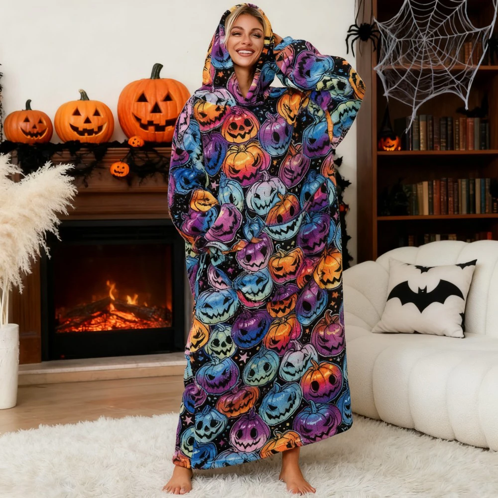 Winter Women Long Flannel Wearable Blanket with Giant Pocket Warm Sherpa Blanket Hoodie Adults Fleece Giant TV Oversized Blanket