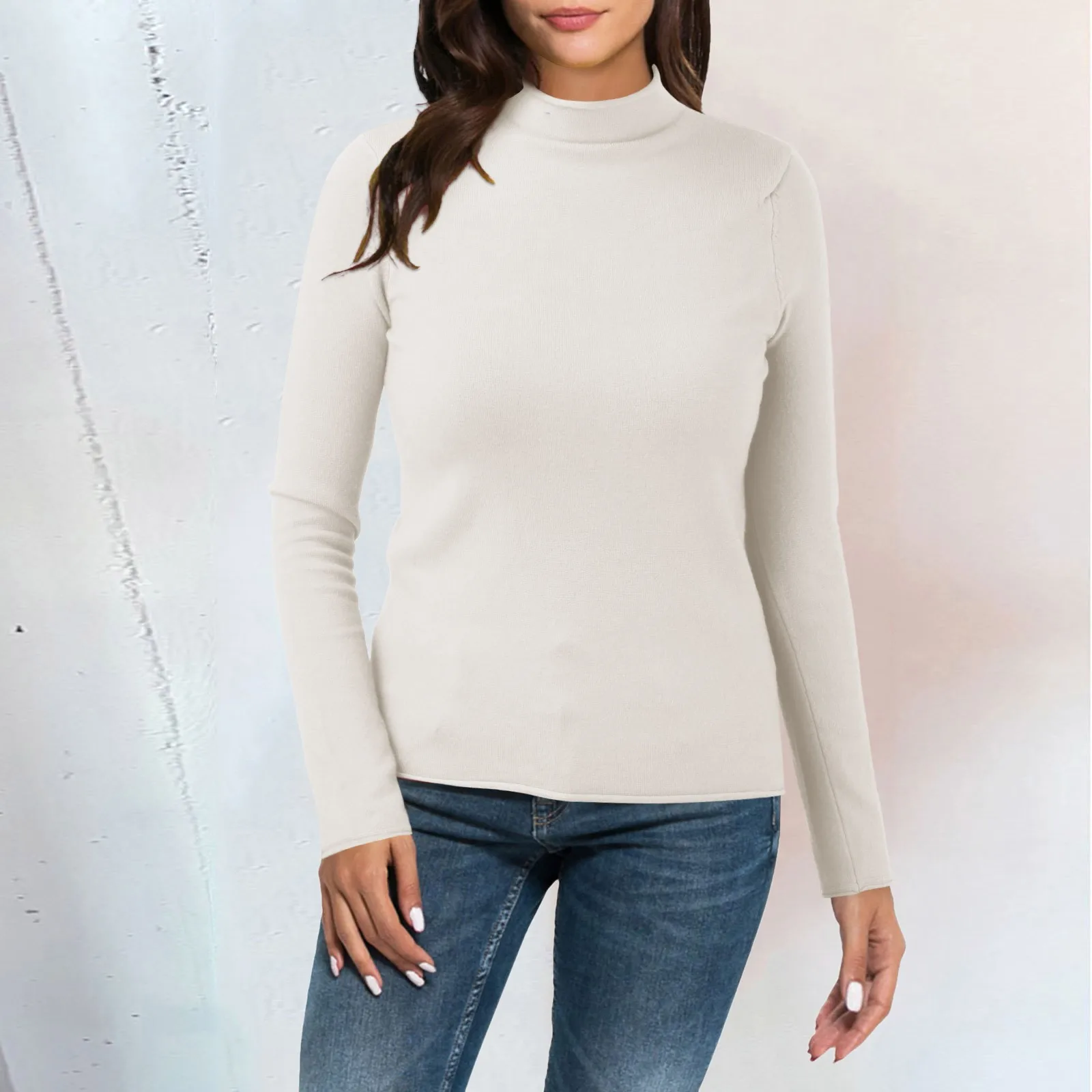 

Women Knit Pullover Sweatshirt Casual Solid Color Bottom Shirt Slim Fit Half High Neck Knitted Long Sleeve Thermal Tops Sweater