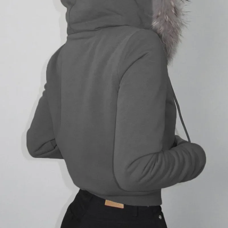 Goth Grey Faux Fur Collar Hooded Zip Up Hoodies Gothic Grunge Pockets Autumn Black Jackets Female Y2k Streetwear egirl Cardigans