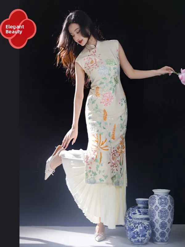 

Новое китайское художественное ретро-платье ципао из хлопка и льна, приталенного кроя, средней длины, с короткими рукавами