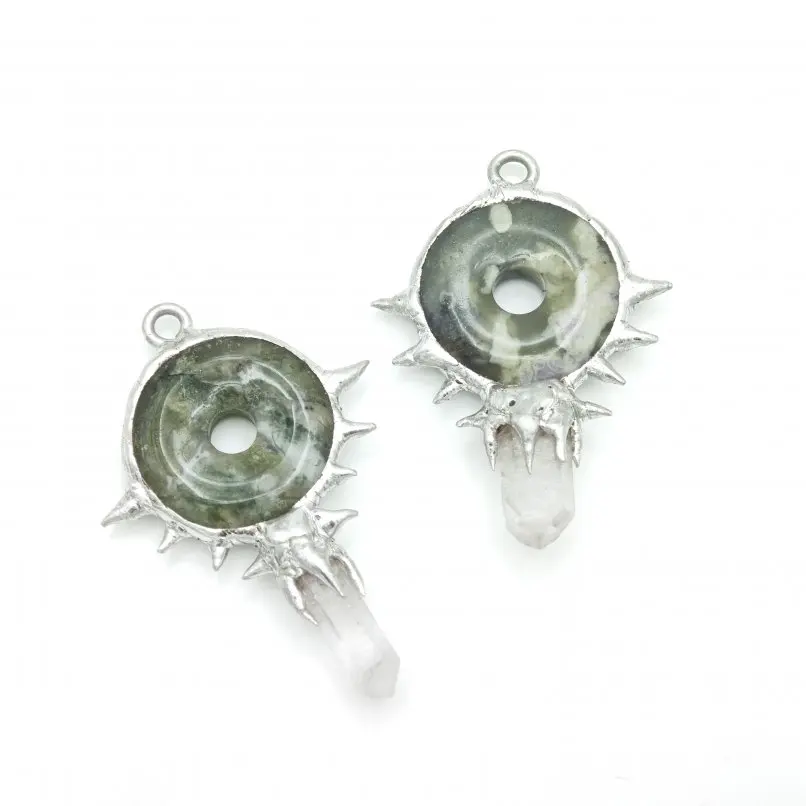 

10Pcs Handmade Soldered Pendant Free Form Point Pillar Jade Semi-precious Stone Clear Crystal Approx 52mm