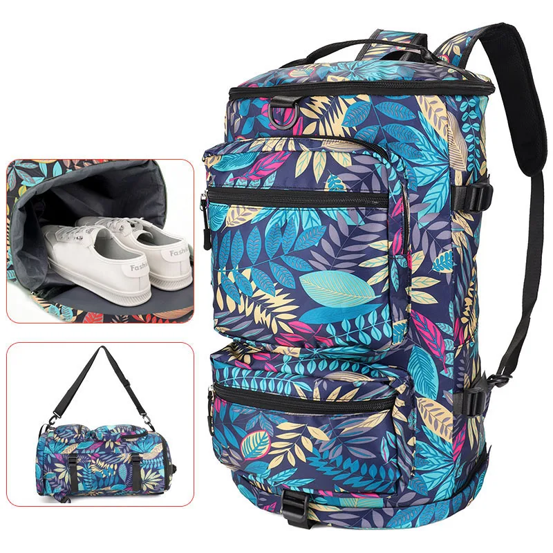 Travel Backpack Leaves Printing Graffiti Large Bucket Luggage Shoulder Bag Men Women School Pack Rucksack With Shoes Pocket