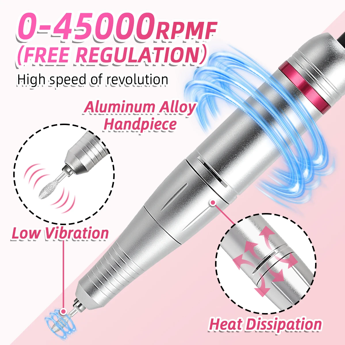 Máquina de Broca para Unhas 45000RPM, Lixadeira de Gel para Unhas Portátil, Torno Elétrico Profissional com Display LCD HD para Cuidados com Manicure