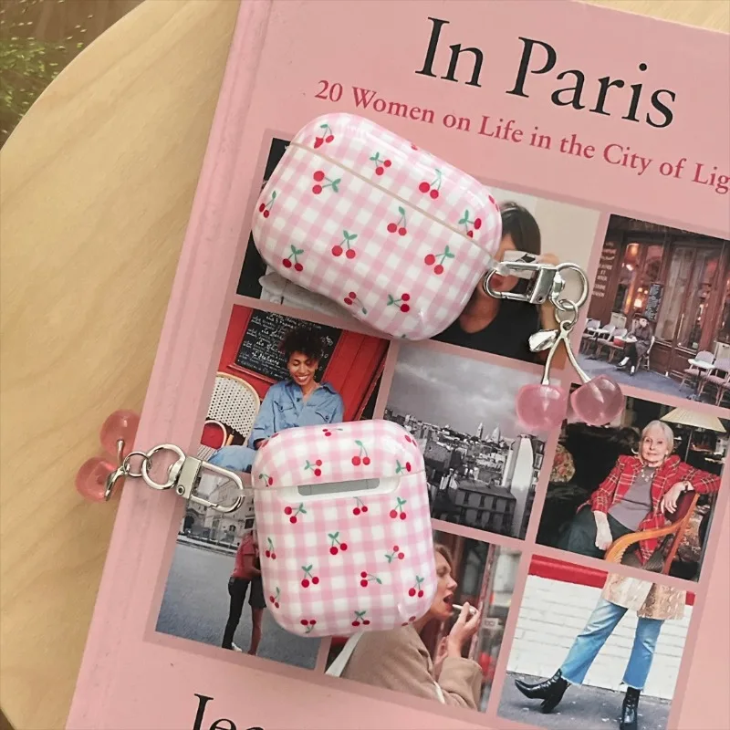 

for airpods 4 Case full screen pink plaid cherry earphone cover For airpods pro2 generation 3 2 Protective Sleeve With Pendant