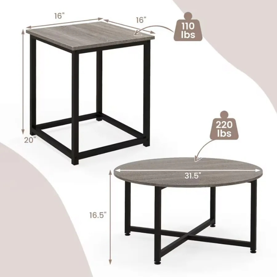 3 Piece Coffee Table Set for Living Room: Round Center Table and 2 Square End Tables, Gray and Black Metal and Wood, Modern Sty