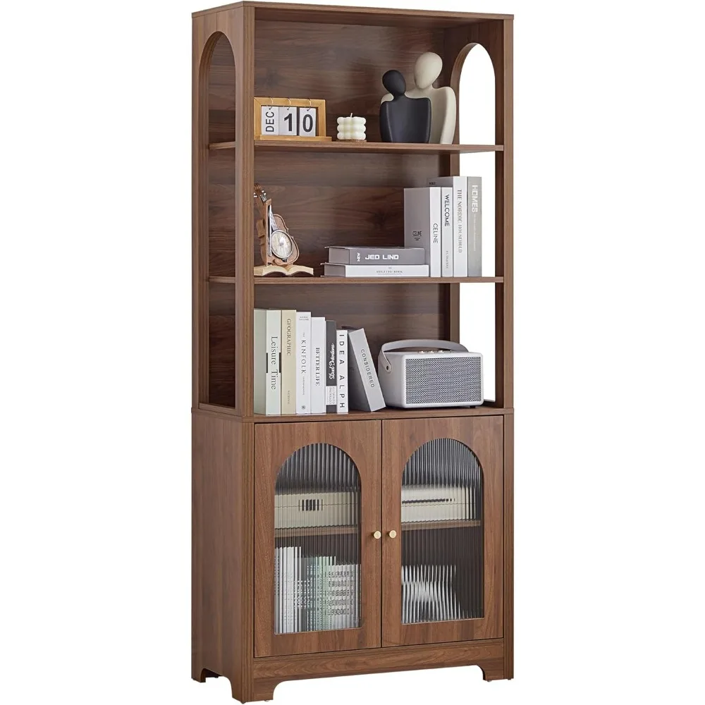 

Modern Freestanding 5-Tier Arched Wooden Bookcase with Glass Doors and Adjustable Shelves