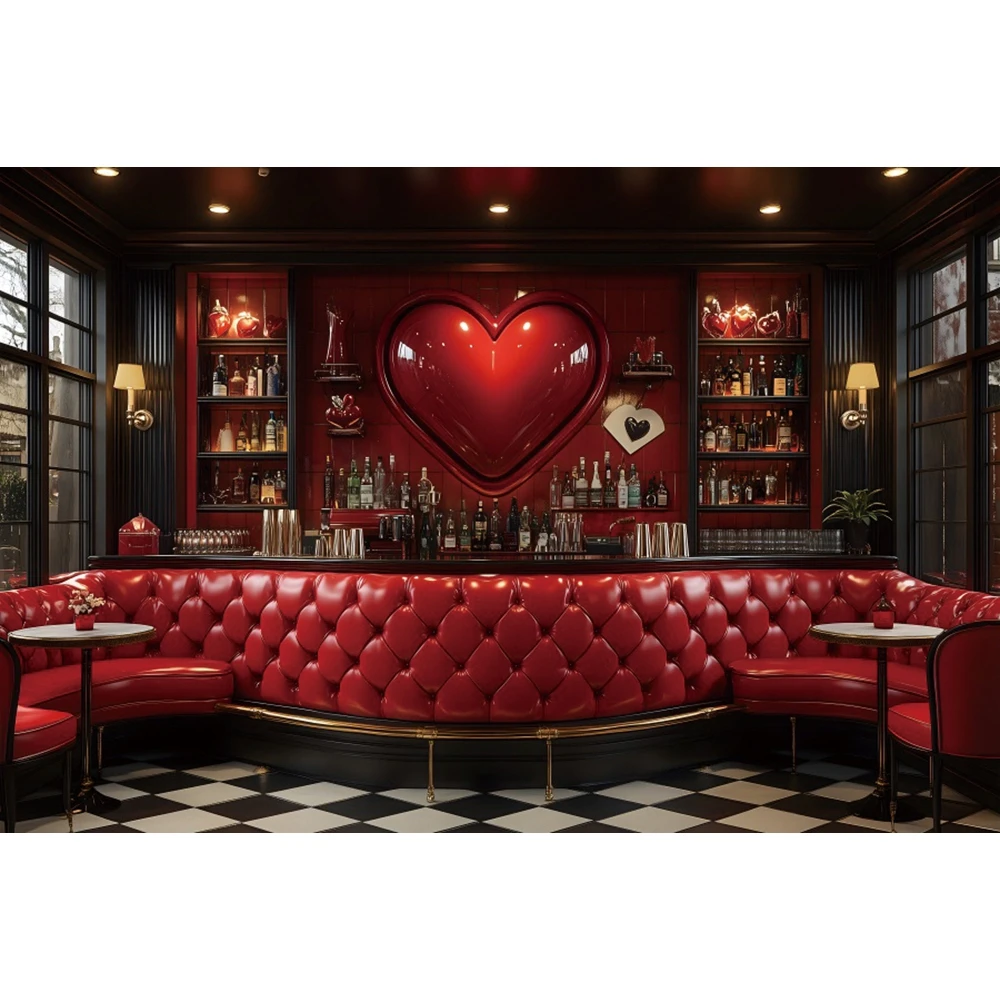 February 14th Valentine's Day Photography Backdrop Red Sweetheart Shop Bar Wine Cabinet Love Heart Couple Photo Background Decor