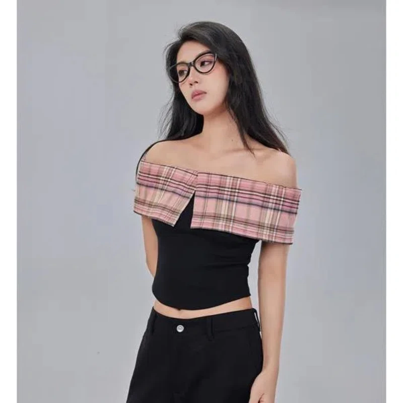 2024 Summer New Design Sense Retro Sweet and Spicy Off Shoulder One Shoulder Top Women's High End Plaid Spliced Slim Fit T-shirt