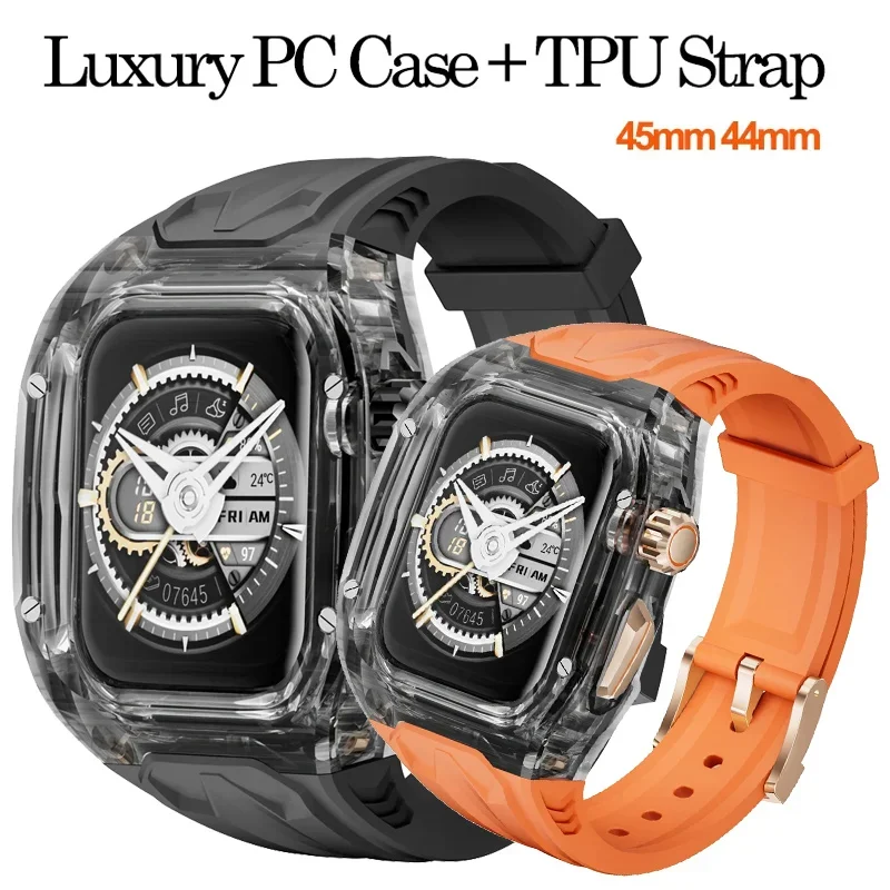 Modification Kit Transparent Protective Case+TPU Strap For Apple Watch 9 band for iWatch Series 9 8 7 6 5 45mm 44mm Bracelet