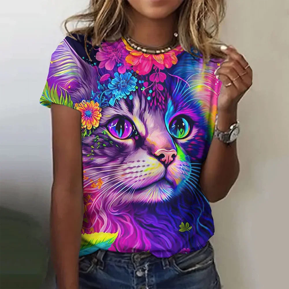 Camiseta con estampado 3D para mujer, top de manga corta a la moda, Camiseta con estampado de gato Kawaii Y2k, ropa de gran tamaño para mujer