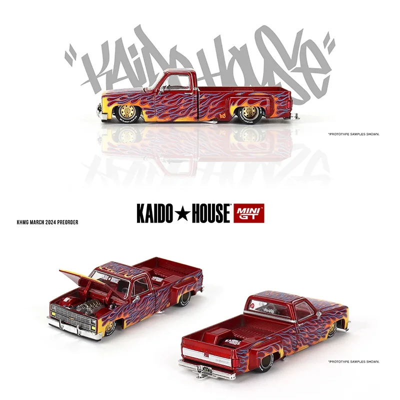 

MINIGT KHMG127 1:64 Silverado Dually On Fire V1 Openable Hood Diecast Diorama Car Model Kaido House