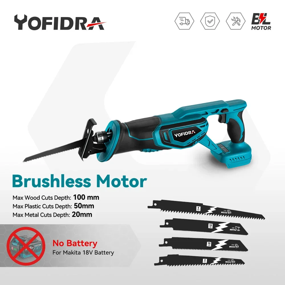 Yofidra Brushless Reciprocating Saw Handsaw Saber Multifunction Saw Metal Wood Pipe Cutting with 4 Blades For Makita 18V Battery