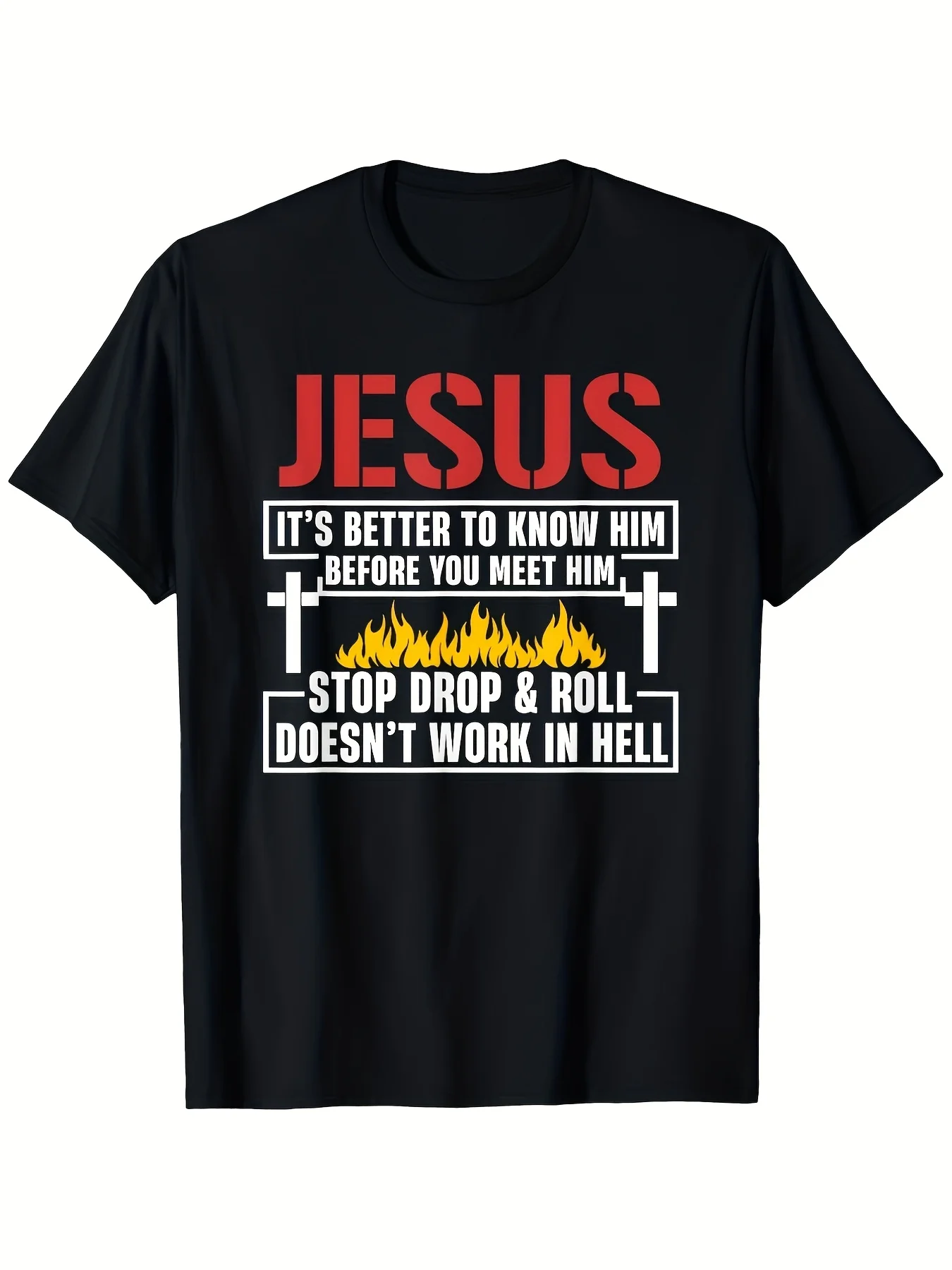 Jesus Christ Printed T-Shirt, with Eye-Catching Red Text and Flame Pattern, 