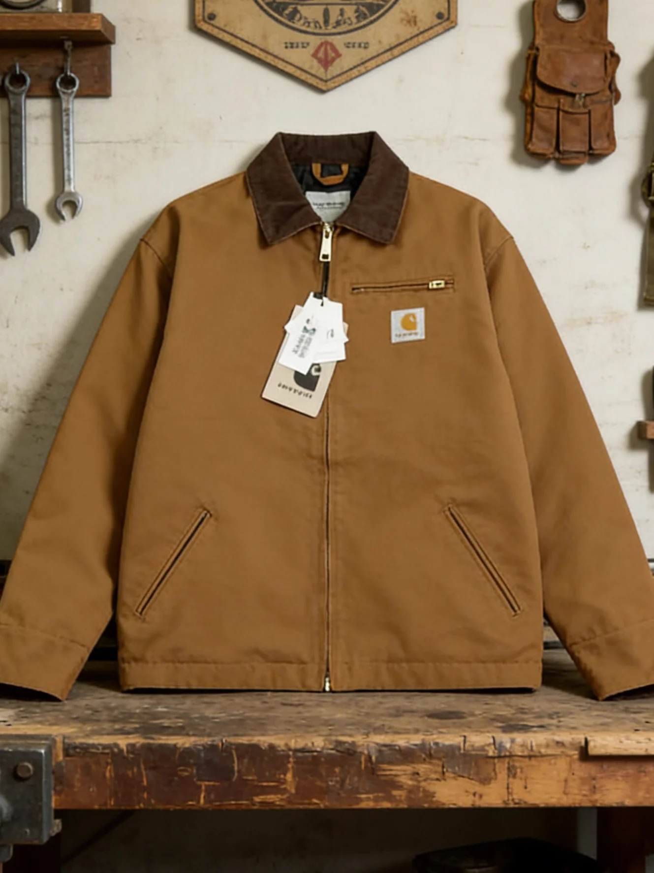 European Style Heavyweight Canvas Work Jacket Men's Loose American Retro Zipper Collar Detroit Hunting Coat Casual Fashion