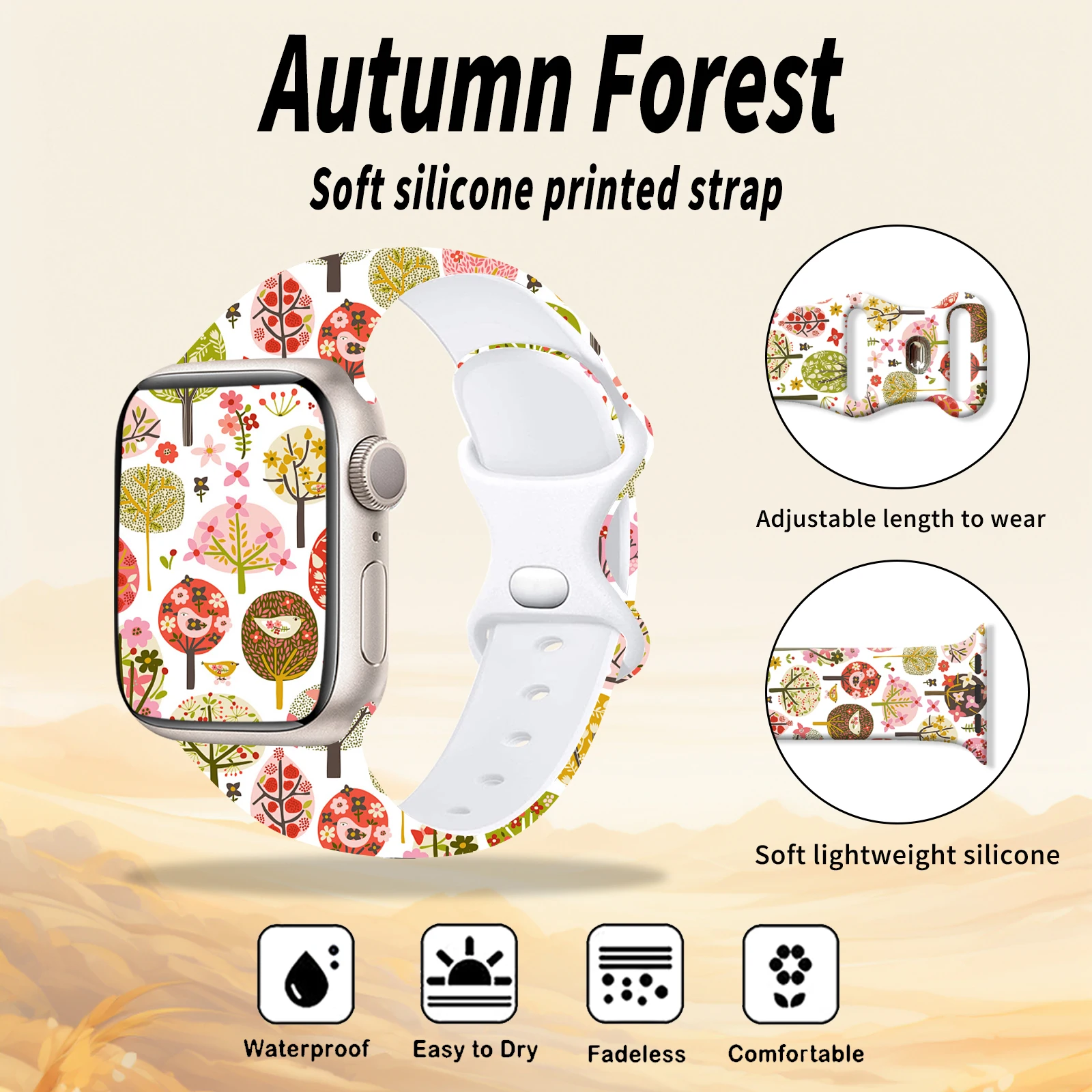 Bracelet en silicone imprimé pour Apple Watch, série Autumn Forest, 9, 8, 7, SE, 6 Band, Bracelet de subdivision pour iWatch, 45mm, 44mm, 42mm, 41mm