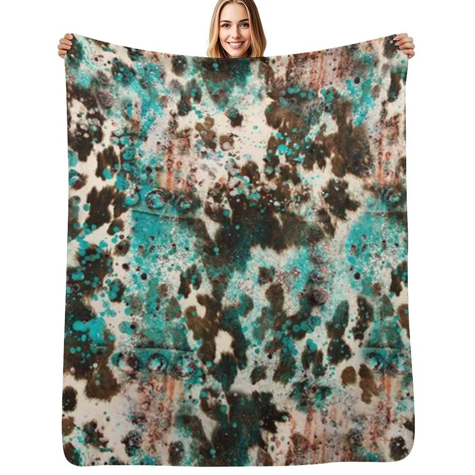 

Western Boho Cowhide Turquoise Pattern Throw Blanket Soft Camping halloween Stuffeds Blankets