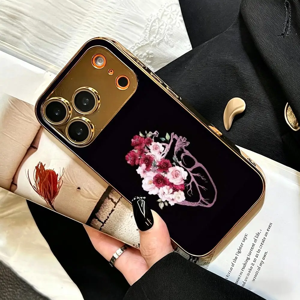 

H-Heart Drawing Phone Case Case for iPhone 17/16/15/14/13/12/11 Pro Max, Gold-Plated Glass Phone Case Anti-Scratch