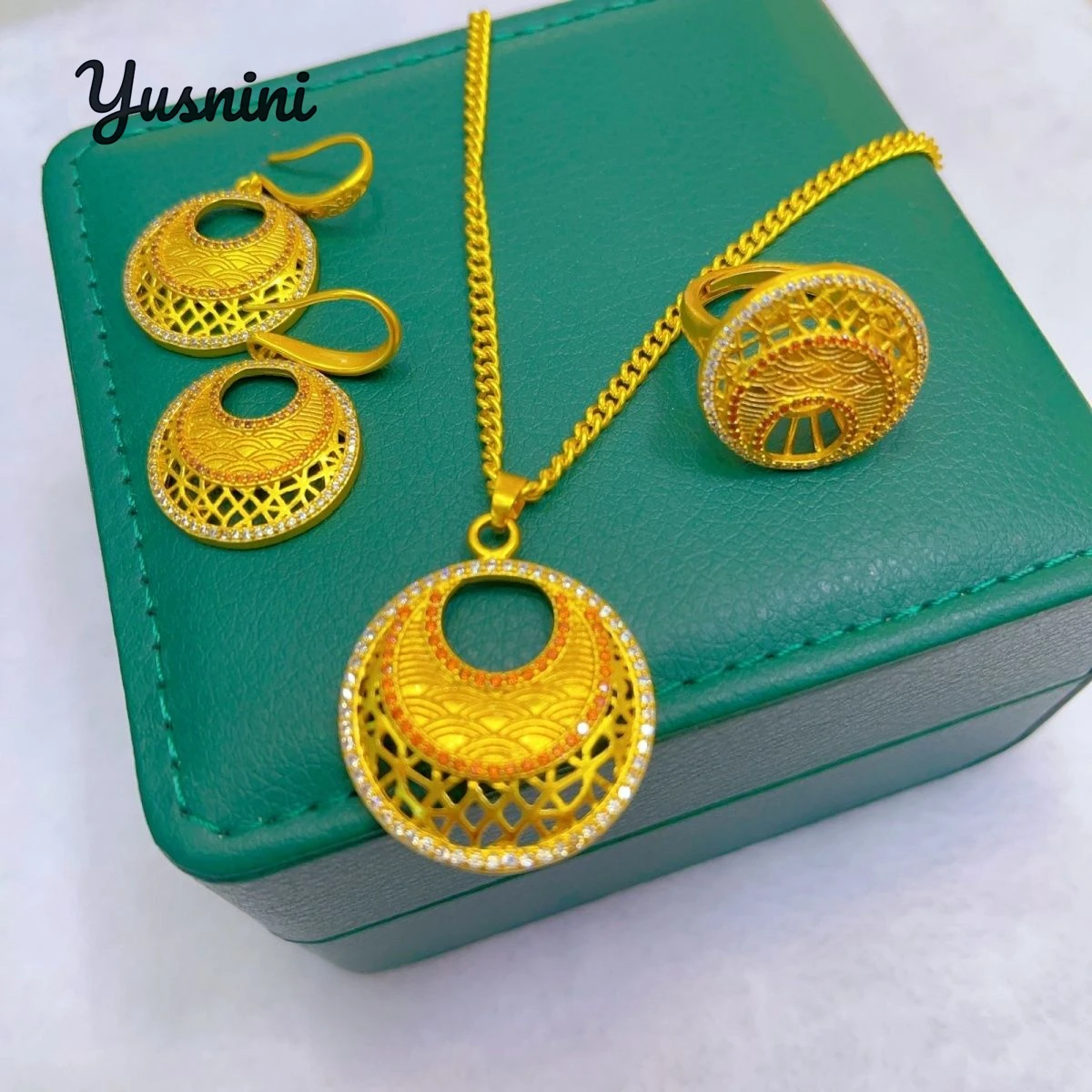 

New French 24K Gold Plated Necklace, Earrings, Rings, Wedding Engagement Party Jewelry Set for Lovers DD10711