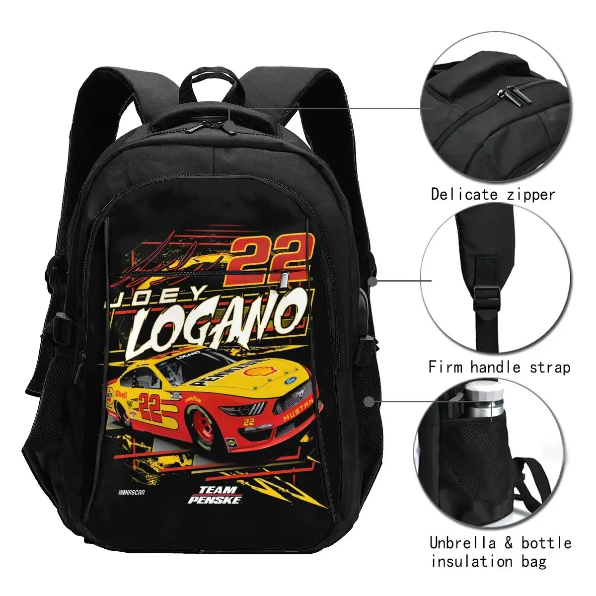 Joey Logano 22 Travel Laptop Backpack, Business Water Resistant Backpack with USB Charging Port, College Bag for Men & Women