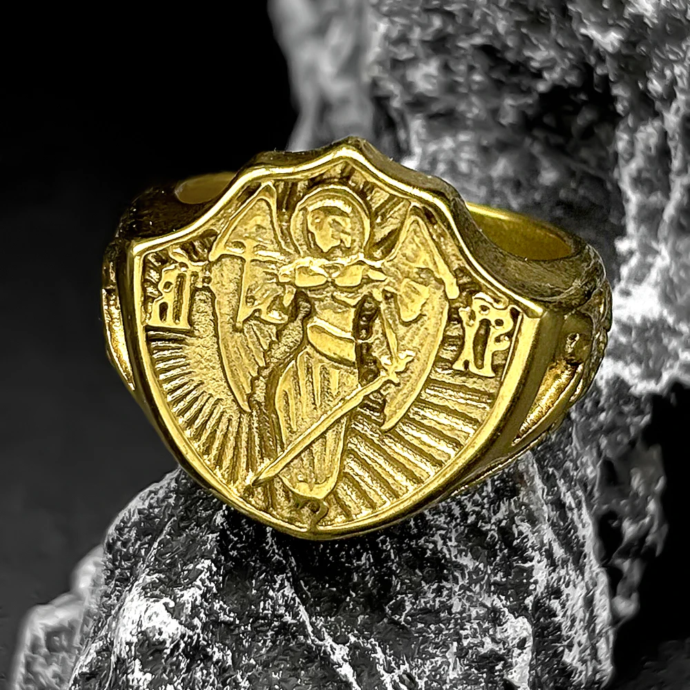 Vintage Catholic Saint Michael Protection Rings for Men Stainless Steel Gold Plated Archangel Boyfriend Jewelry Gifts RRR459S05