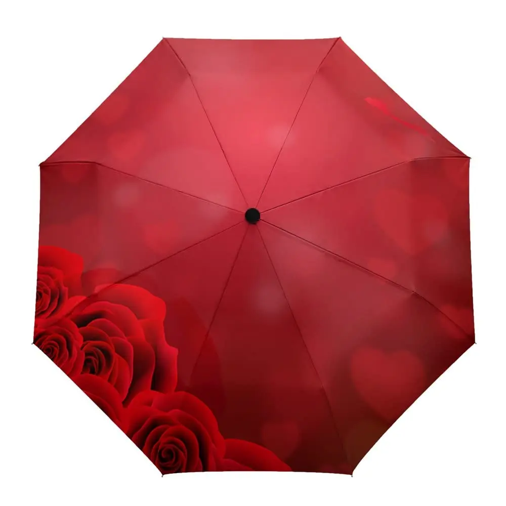 Vintage Red Rose Floral Umbrellas Valentine\'s Day Flowers Windproof Folding Travel Umbrella Portable Umbrella for Women Girls