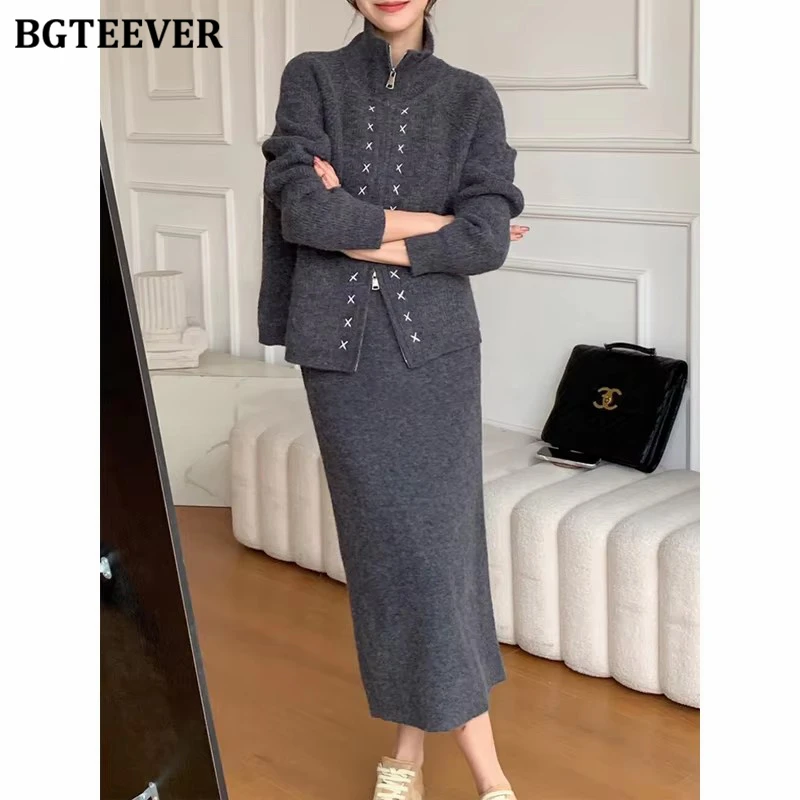 

BGTEEVER Stylish Ladies Knitted Skirts Set Long Sleeve Zippers Cardigans & Elastic Waist Sweater Skirts Winter Women Sweater Set