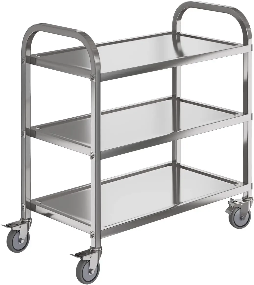 Shelf Stainless Steel cart,400 lbs,1MM Thick，Serving cart with Wheels, Household, Service Trolley,360°Rotation Storage Shelf w