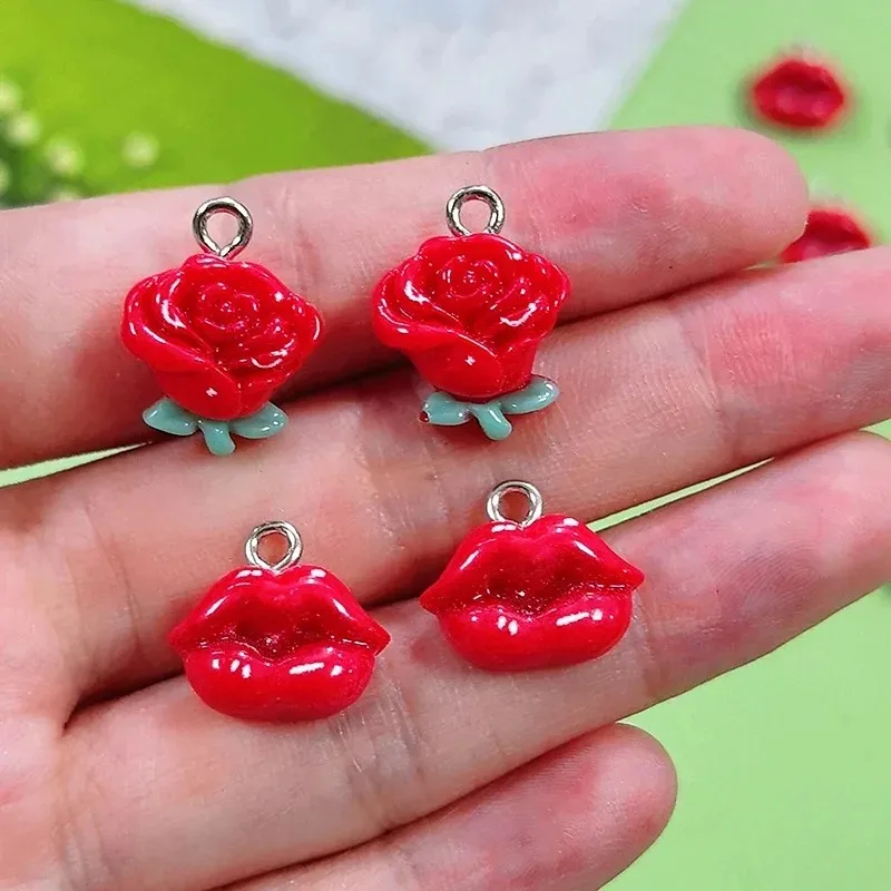 10Pcs Valentine Pendant Accessories Red Lips Mini Rose Resin Charms For DIY Bracelet Earrings Handmade Jewelry Making