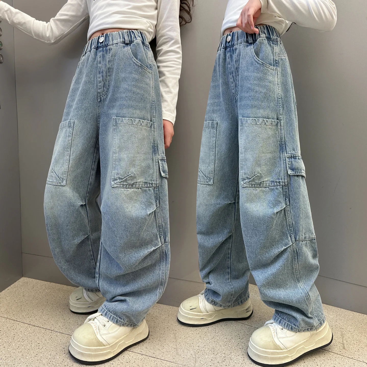 

2025 Autumn Korean Teenager Girls Pant Pocket Fashion Children Girls Cargo Jean Button Mid Elastic Waist School Girls Denim Pant