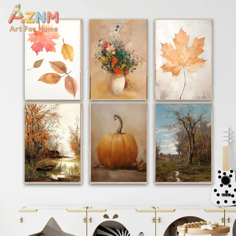 Autumn Landscape  Painting - Forest Lake Boat Leaf Pumpkin Abstract Wall Art Canvas for Living Room Decor