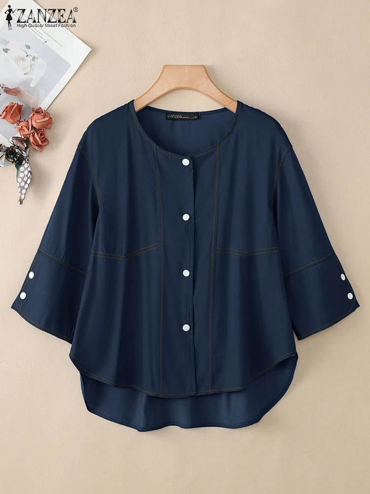 Plus Size Shirts ZANZEA Damen Strickjacken 2025, modisch, 3/4-Ärmel, modisch, solide Blusen, Herbst, Knöpfe, lässig, locker, elegant, Top