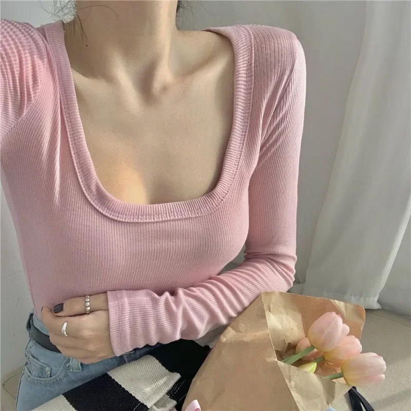 Pink Square Collar Bottoming Sweater T Shirt Women's Autumn Slim Fit Tight Long-Sleeved Pullover With 2024 New Style Tops Shirt