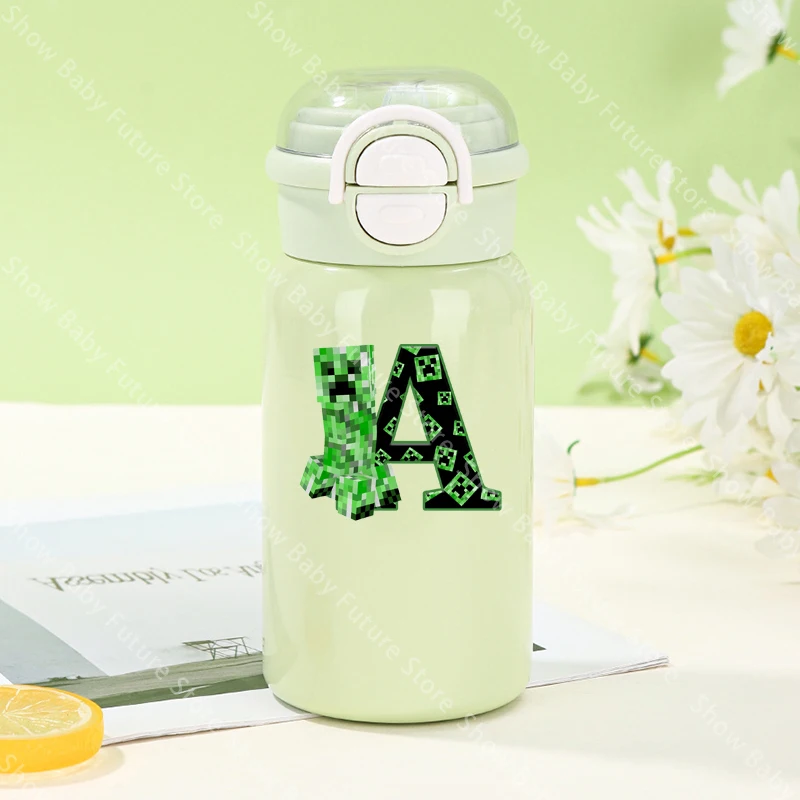 Термос-бутылка с мультяшным дизайном Minecraft, буквы A-Z, 500 мл, из нержавеющей стали, с соломинкой, портативная, вакуумная, термоизолированная