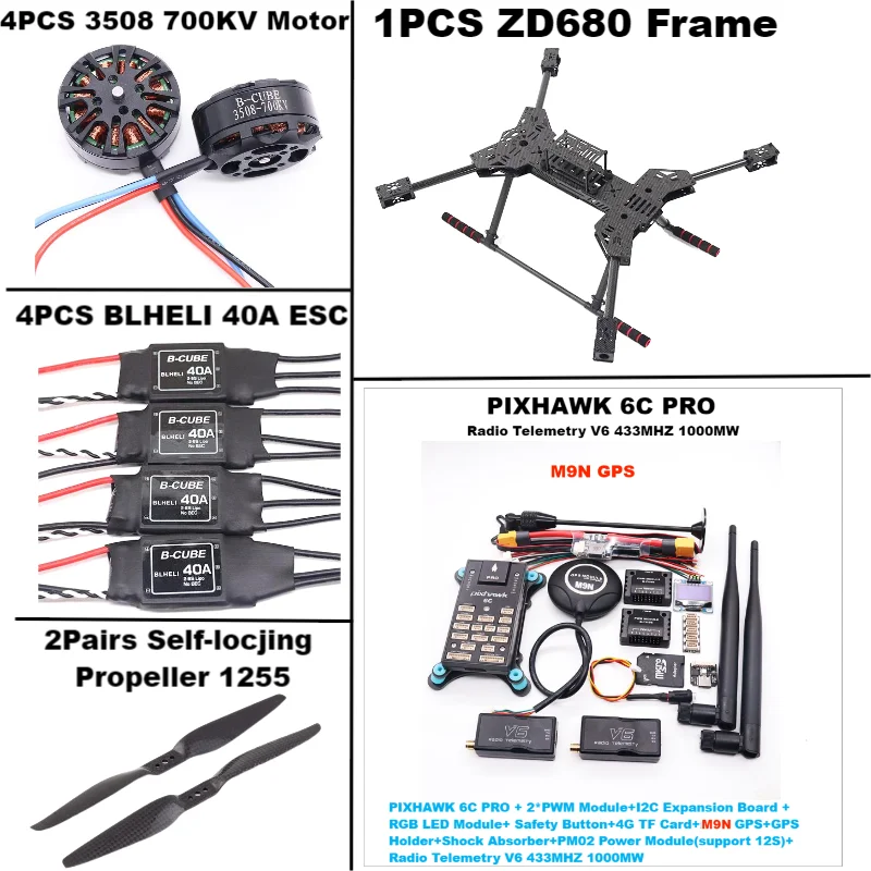 Nouveau ZD680 6C PRO M8N/M9N/M10 Kit de cadre hexagonal à bras pliable hexa-rotor entièrement en Fiber de carbone PIXHAWK avec train d'atterrissage indodable