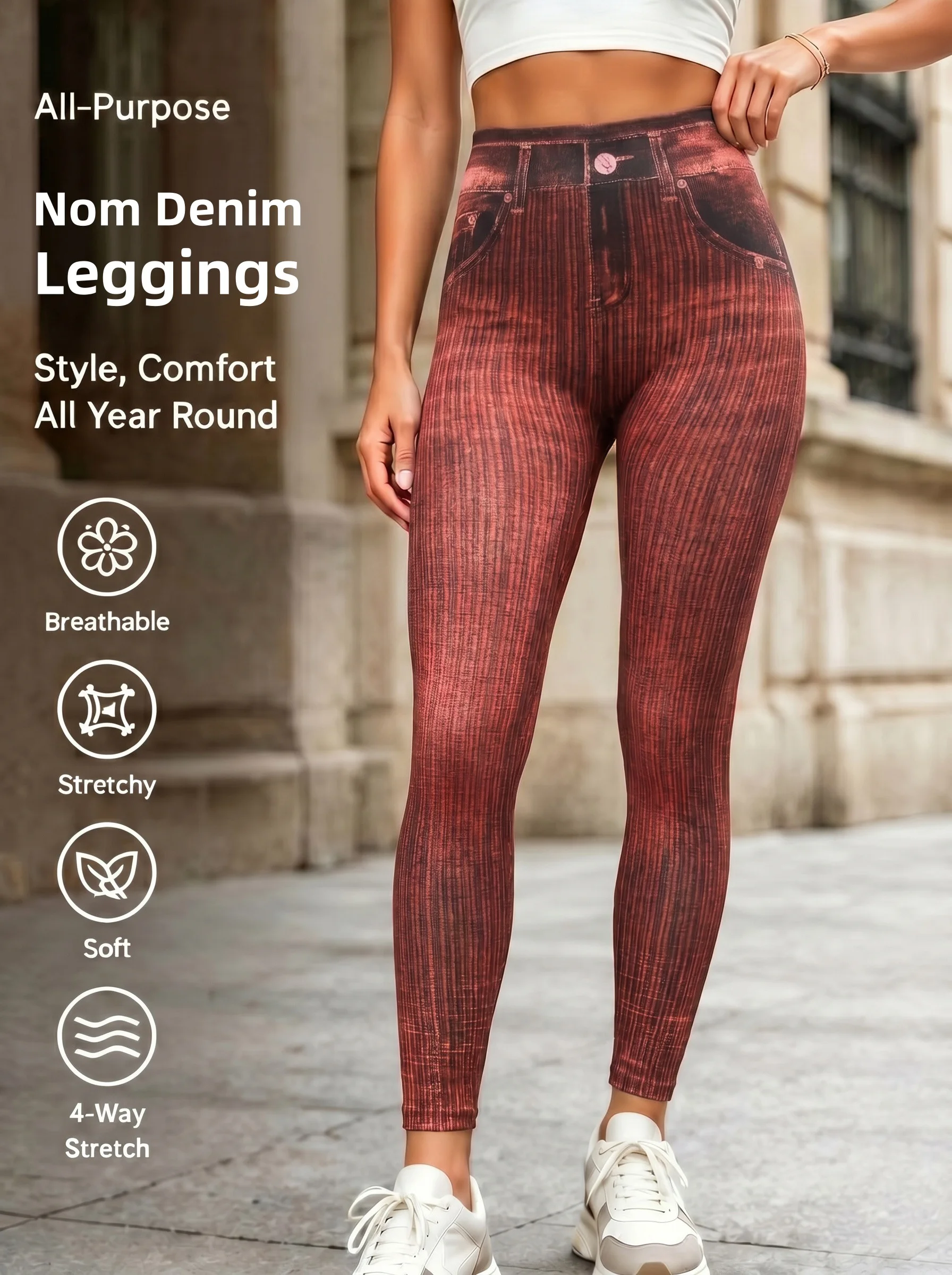 Women's Reddish Brown Vertical Striped Washed Faux Denim Print Ankle Leggings Retro Slim Stretch Trousers