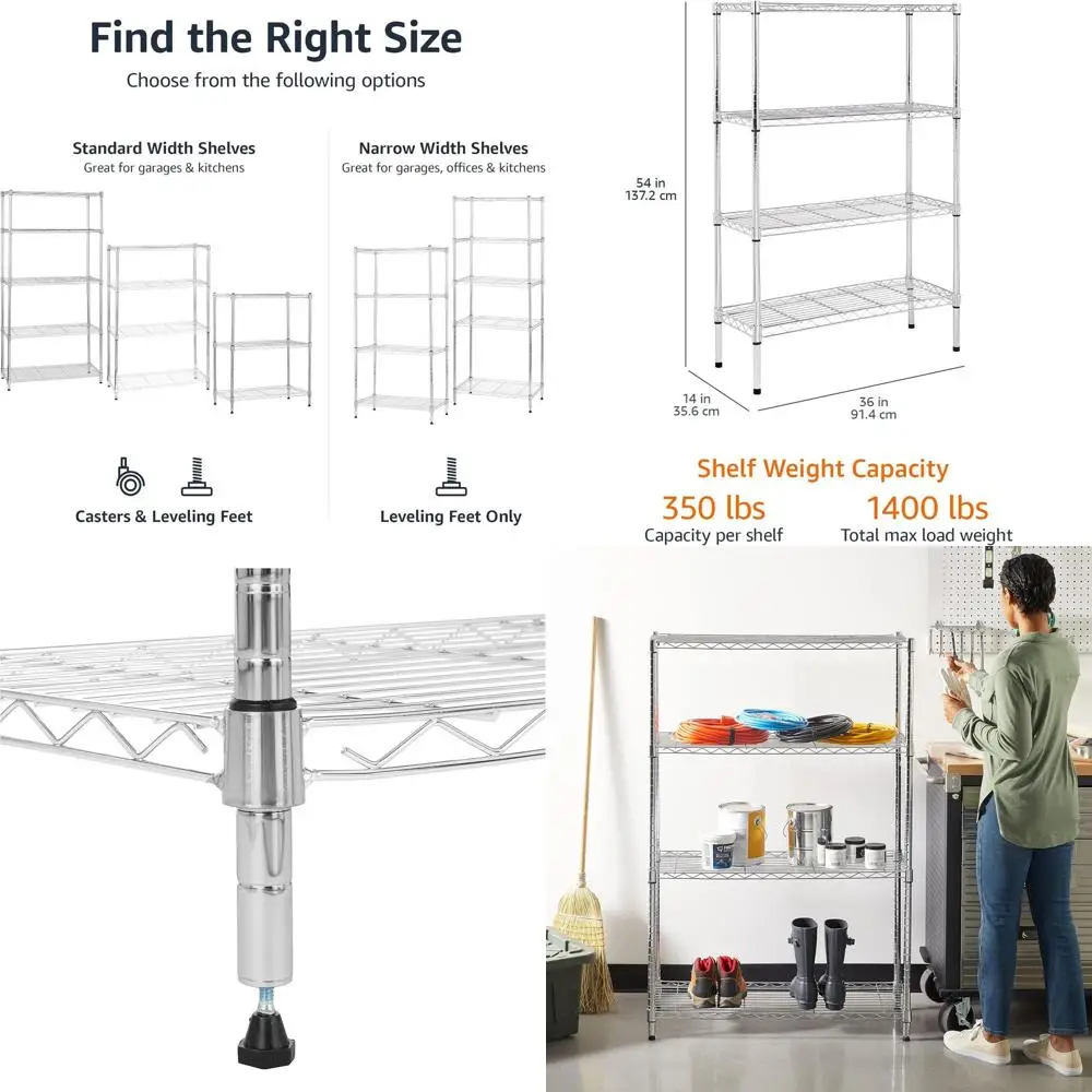 

Adjustable Heavy-Duty Steel Wire Shelving Unit for Kitchen, Garage - 350 lbs Capacity, 36 x 14 x 54, Chrome Finish