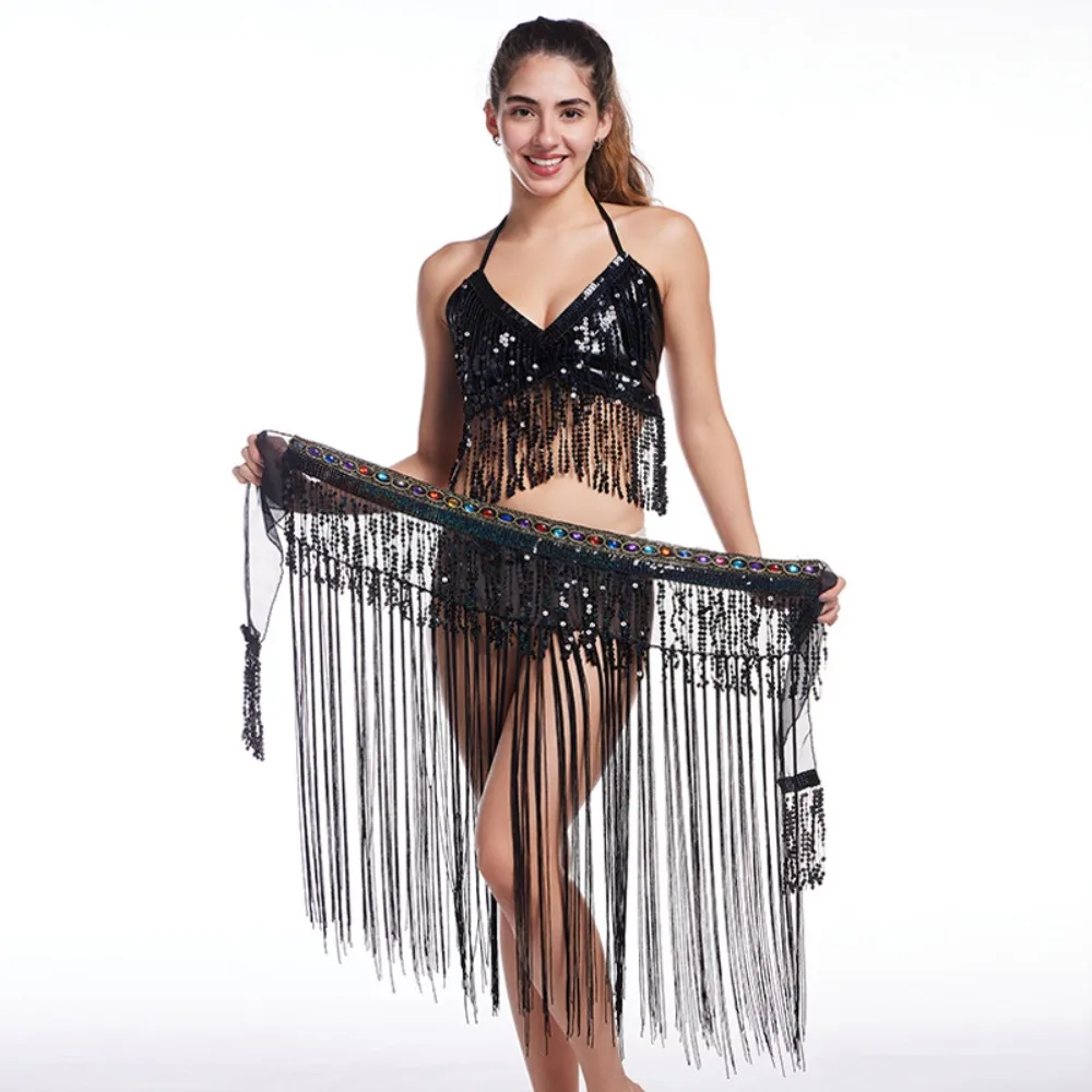 ชุดเต้นระบำหน้าท้อง ชุดแสดงบนเวที ชุดโบฮีเมียน ผ้าคาดเอวพู่ประดับเลื่อม สายคาดเอวสำหรับงานปาร์ตี้ เสื้อผ้าผู้หญิง
