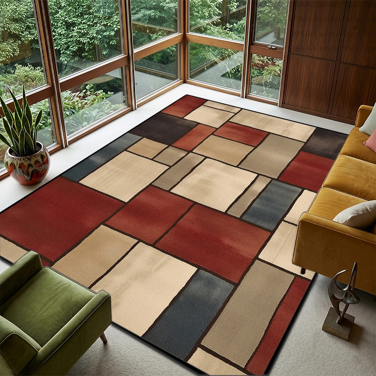 Black Red Modern Geometric Style Fluffy Lounge Rug Home Decoration Luxury Washable Carpet Non-slip Short Velvet Large Floor Mats