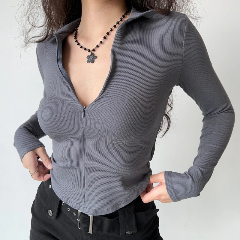 

Half-Open Collar Long-Sleeved T-shirt for Women Slim Fit Outer Wear Polo Collar Top Zipper Solid Color Casual Short All-Matching