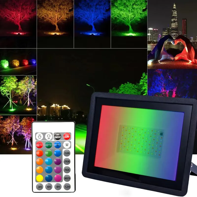 RGB كشاف ضوء مقاوم للماء IP66 في الهواء الطلق التحكم عن بعد الكاشف 100 واط/50 واط/30 واط/10 واط الأضواء التيار المتناوب 220 فولت عكس الضوء حديقة الإضاءة